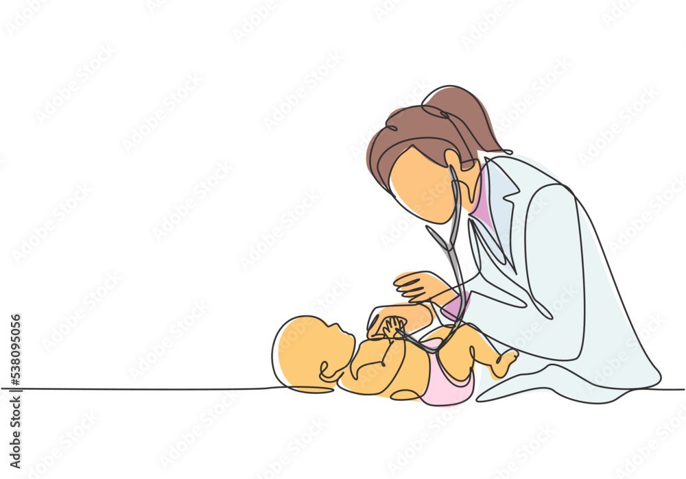 One single line drawing of young female pediatric doctor examining baby health condition and check the heart beat. Medical health care service concept continuous line draw design vector illustration - obrazy, fototapety, plakaty 