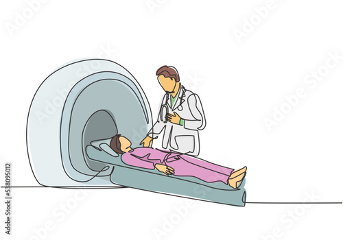 One continuous line drawing of young male doctor do MRI procedure to CT scanning male cancer patient. Medical treatment service concept single line draw design vector illustration