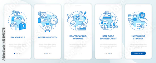 Managing small business finances blue onboarding mobile app screen. Walkthrough 5 steps editable graphic instructions with linear concepts. UI, UX, GUI template. Myriad Pro-Bold, Regular fonts used