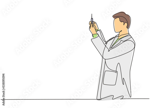 Single continuous line drawing of male doctor measure proper dose about covid vaccine injection for the sick patient. Coronavirus medical treatment concept one line draw design vector illustration