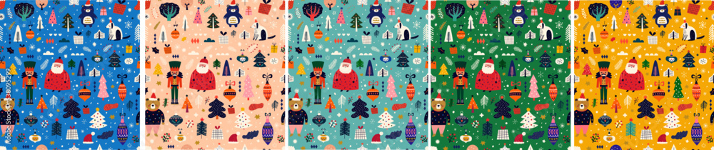 Set of New Year and Christmas seamless patterns with holiday symbols and element