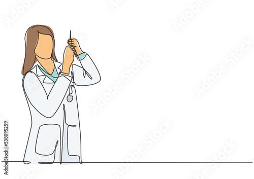 Single continuous line drawing of young female doctor testing syringe injection work properly to inject covid 19 vaccine to patient. Medical healthcare concept one line draw design vector illustration