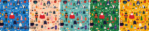 Set of New Year and Christmas seamless patterns with holiday symbols and element