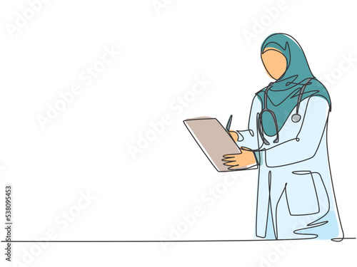 One single line drawing of young Arabian muslimah doctor wearing hijab writing medical report on clipboard at hospital. Medical health care concept continuous line draw design vector illustration