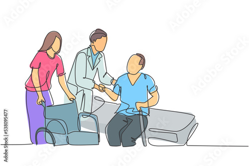 One single line drawing of young male doctor helping old patient get to wheelchair from hospital bed. Trendy medical health care service concept continuous line draw design vector graphic illustration