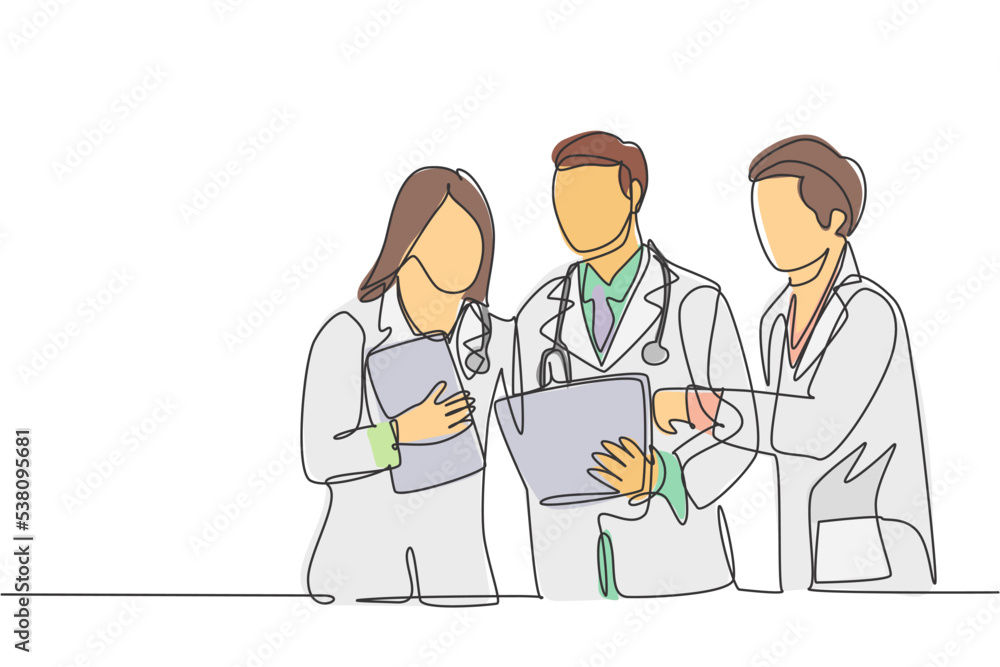 One continuous single line drawing of male and female doctors discussing patient health condition while reading the medical report. Medical checkup concept single line draw design vector illustration One continuous single line drawing of male and female doctors discussing patient health condition while reading the medical report. Medical checkup concept single line draw design vector illustration