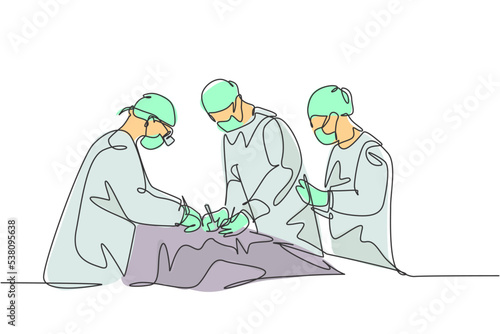 Single continuous single line drawing group of team surgeon doctor doing surgery operation to the patient with critical condition. Operating surgery concept one line draw design vector illustration