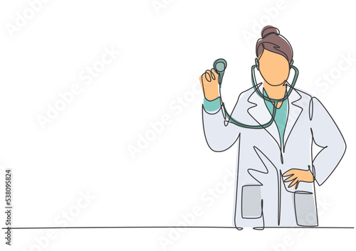 One single line drawing of young happy female doctor pose standing and holding stethoscope at hospital. Medical health care service excellence concept continuous line draw design vector illustration