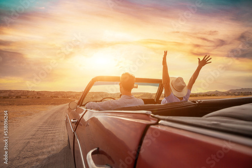 happy people traveling in classic vintage car, couple during honeymoon © Song_about_summer