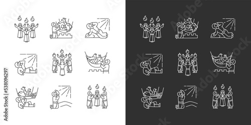 Bible narratives linear icons set for dark, light mode. Legends from Old and New Testament. Religious stories. Thin line symbols for night, day theme. Isolated illustrations. Editable stroke