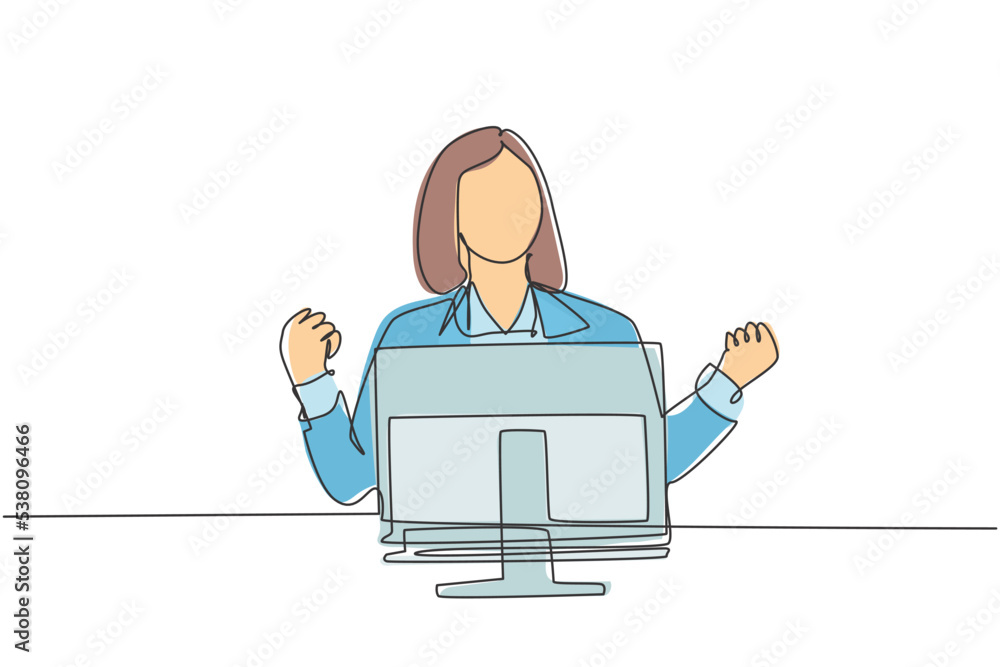 Single continuous line drawing of young happy female worker celebrating her promotion on work desk in front of computer monitor. Business celebration concept one line draw design vector illustration Single continuous line drawing of young happy female worker celebrating her promotion on work desk in front of computer monitor. Business celebration concept one line draw design vector illustration