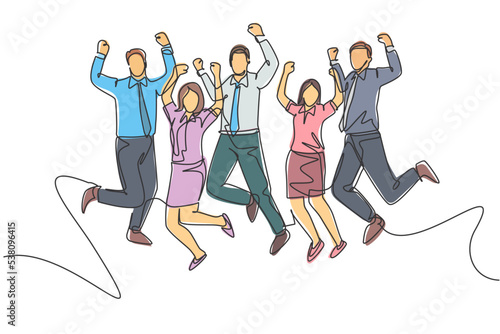 Single continuous line drawing of young happy male and female workers jumping after annual work meeting finish together. Business teamwork celebration concept one line draw design vector illustration