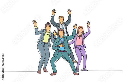 Single continuous line drawing of young happy male and female trainer prancing with joy at the seminar room together. Business teamwork celebration concept one line draw design vector illustration