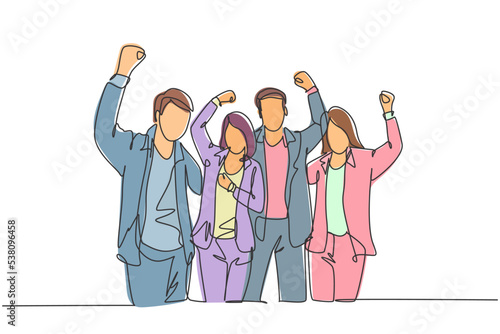 Single continuous line drawing of young happy company founder prancing with joy at the investor office together. Business teamwork celebration concept one line draw design vector graphic illustration