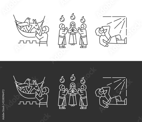 Christianity biblical characters linear icons set for dark, light mode. Religious stories. Jesus Christ followers. Thin line symbols for night, day theme. Isolated illustrations. Editable stroke