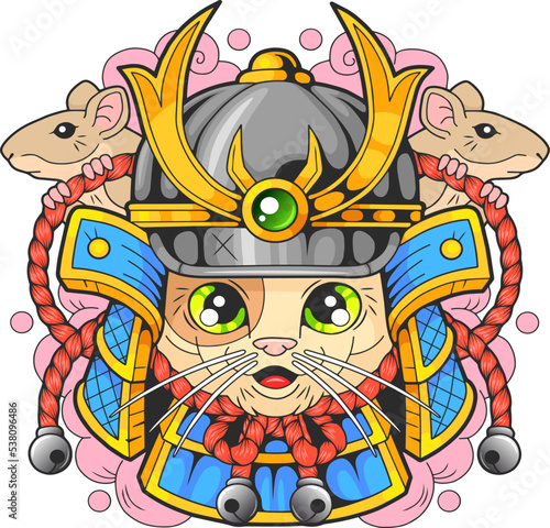cartoon cute samurai cat, funny illustration, design