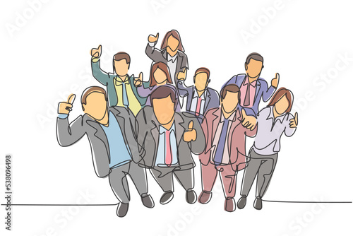 One single line drawing of young happy male and female managers raise their hand into the air and giving thumbs up gesture. Business celebration concept continuous line draw design vector illustration