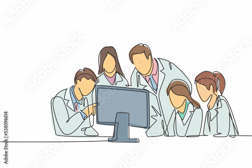 One continuous line drawing group of male and female doctor discus while watching patient health medical report on computer. Hospital health care concept single line draw design vector illustration