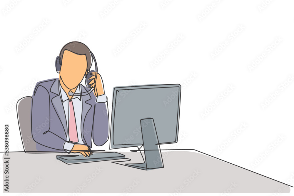 One continuous line drawing of young male customer service remove the headset from his head after listening complain. Call center service excellent concept single line draw design vector illustration One continuous line drawing of young male customer service remove the headset from his head after listening complain. Call center service excellent concept single line draw design vector illustration