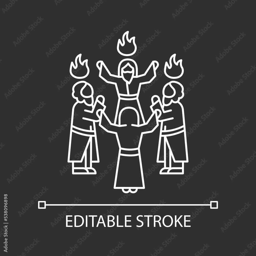 Pentecost celebration white linear icon for dark theme. Men stand in circle. Apostles prayer. Thin line illustration. Isolated symbol for night mode. Editable stroke. Arial font used Pentecost celebration white linear icon for dark theme. Men stand in circle. Apostles prayer. Thin line illustration. Isolated symbol for night mode. Editable stroke. Arial font used