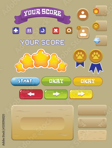 Set of mobile casual game ui elements: buttons, awards, stars, ribbons, icons, bars, menu. Score window design