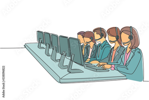 One single line drawing group of male and female customer service team members answer complaint phone call from clients kindly. Call center concept continuous line draw design vector illustration