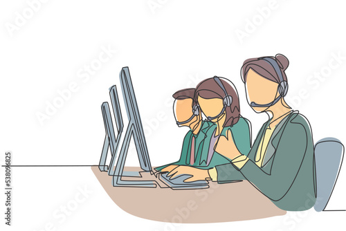 One continuous line drawing group of male and female telemarketing team members calling new customers to offer new product. Online sales agent concept single line draw design vector illustration