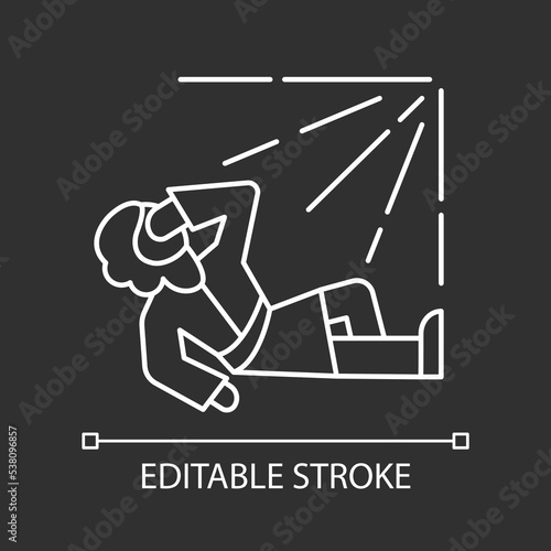 Paul conversion white linear icon for dark theme. Man on ground blinded by light. Bible narrative. Thin line illustration. Isolated symbol for night mode. Editable stroke. Arial font used