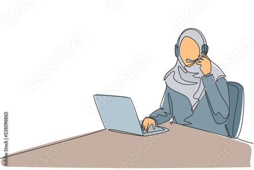 One single line drawing of young friendly Arabian woman on hijab answer customer complain call of broken new product. Call center service care concept continuous line draw design vector illustration