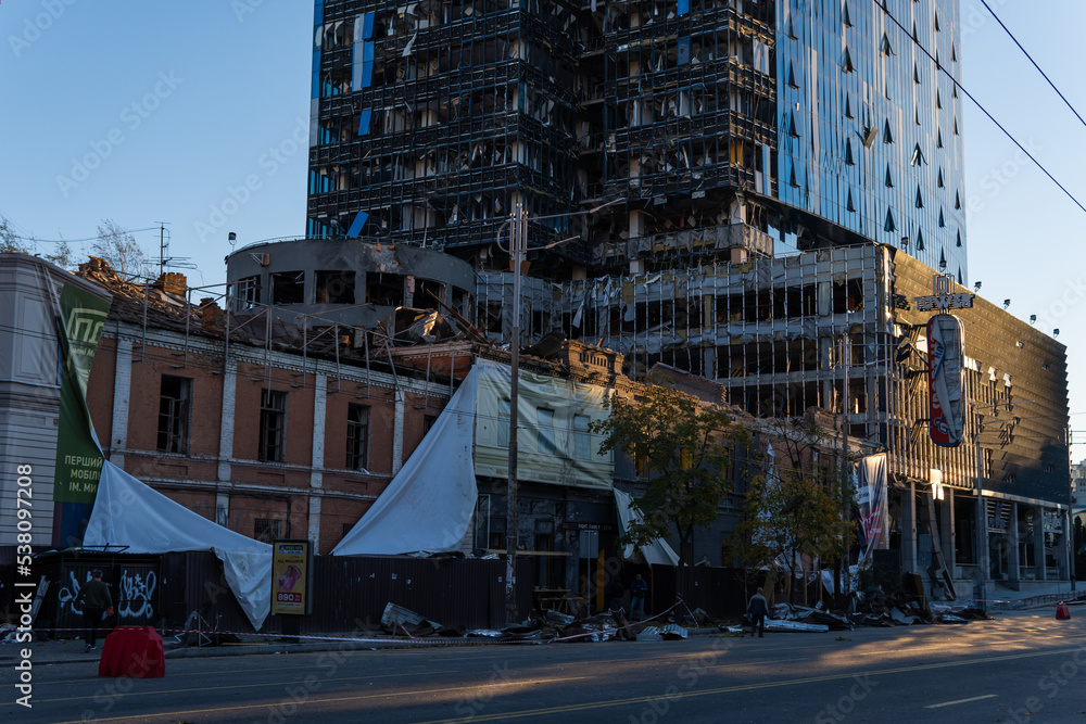 KYIV, UKRAINE - 10.10.2022. russia's military aggression against Ukraine. Business center 101 TOWER civilian facility after a missile airstrike by russian troops in the Kyiv, Ukrainian capital.