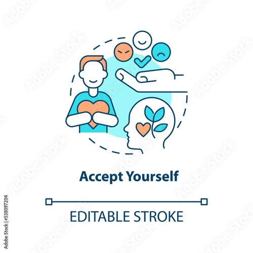 Accept yourself concept icon. Self love benefit. Overcoming lack of confidence abstract idea thin line illustration. Isolated outline drawing. Editable stroke. Arial, Myriad Pro-Bold fonts used