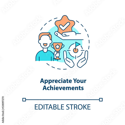 Appreciate your achievements concept icon. Overcoming lack of confidence abstract idea thin line illustration. Isolated outline drawing. Editable stroke. Arial, Myriad Pro-Bold fonts used