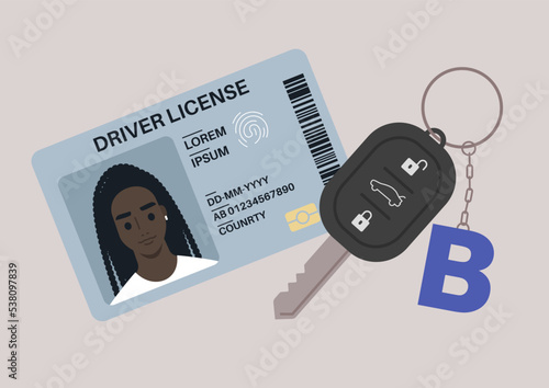 A driver license plastic card with a photo, a car starter key with a keychain photo