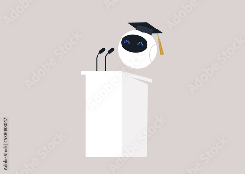 Cute round robot giving a graduation speech, machine learning concept