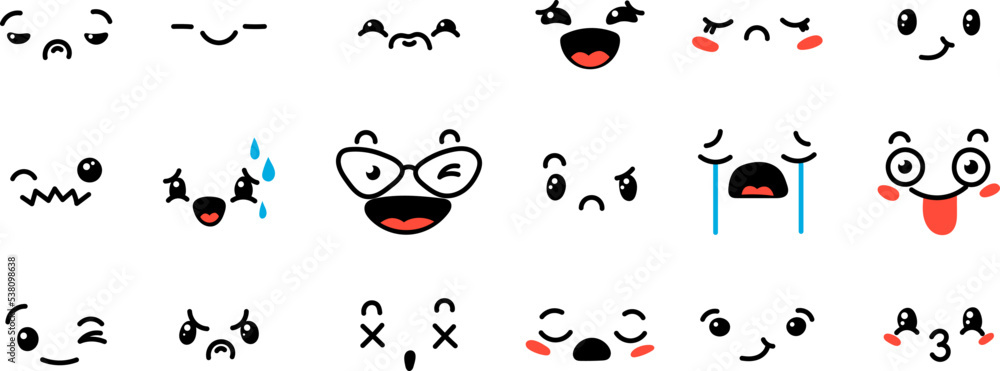 Various Cartoon Emoticons Set. Doodle faces, eyes and mouth. Caricature comic expressive emotions, smiling, crying and surprised character face expressions Various Cartoon Emoticons Set. Doodle faces, eyes and mouth. Caricature comic expressive emotions, smiling, crying and surprised character face expressions
