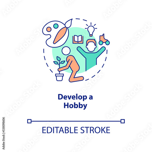 Develop hobby concept icon. Take break from routine life. Improving self esteem abstract idea thin line illustration. Isolated outline drawing. Editable stroke. Arial, Myriad Pro-Bold fonts used