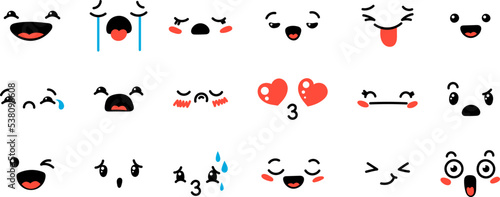 Various Cartoon Emoticons Set. Doodle faces, eyes and mouth. Caricature comic expressive emotions, smiling, crying and surprised character face expressions
