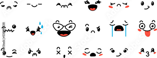 Various Cartoon Emoticons Set. Doodle faces, eyes and mouth. Caricature comic expressive emotions, smiling, crying and surprised character face expressions