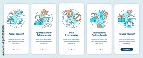 Dealing with confidence lack onboarding mobile app screen. Self esteem walkthrough 5 steps editable graphic instructions with linear concepts. UI, UX, GUI template. Myriad Pro-Bold, Regular fonts used