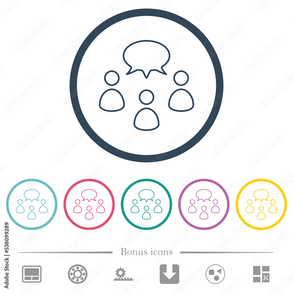 Three talking persons with oval bubble outline flat color icons in round outlines