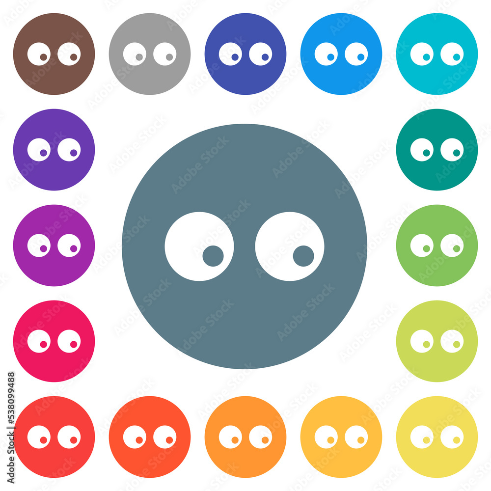 Watching eyes solid flat white icons on round color backgrounds Watching eyes solid flat white icons on round color backgrounds