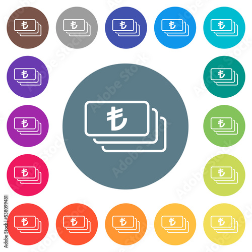 Turkish Lira banknotes outline flat white icons on round color backgrounds