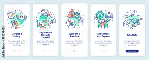 Self esteem improvement onboarding mobile app screen. Psychology walkthrough 5 steps editable graphic instructions with linear concepts. UI, UX, GUI template. Myriad Pro-Bold, Regular fonts used