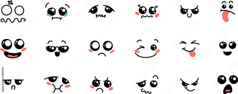 Various Cartoon Emoticons Set. Doodle faces, eyes and mouth. Caricature comic expressive emotions, smiling, crying and surprised character face expressions