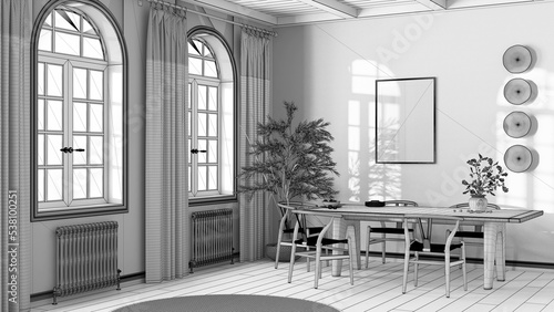 Blueprint unfinished project draft, classic scandinavian dining room. Wooden table with chairs, parquet and frame mockup. Japandi interior design