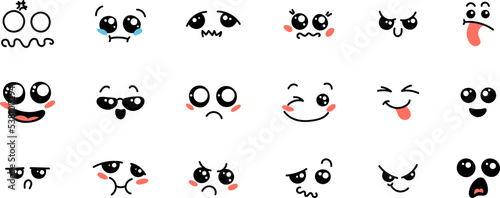 Various Cartoon Emoticons Set. Doodle faces, eyes and mouth. Caricature comic expressive emotions, smiling, crying and surprised character face expressions