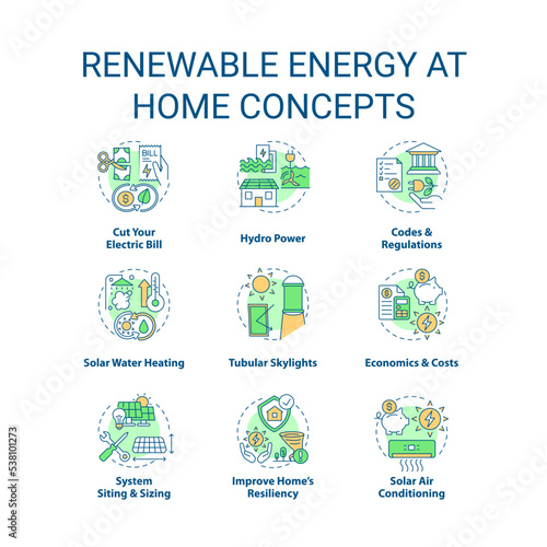 Renewable energy at home concept icons set. Efficient house. Alternative power idea thin line color illustrations. Isolated symbols. Editable stroke. Roboto-Medium, Myriad Pro-Bold fonts used