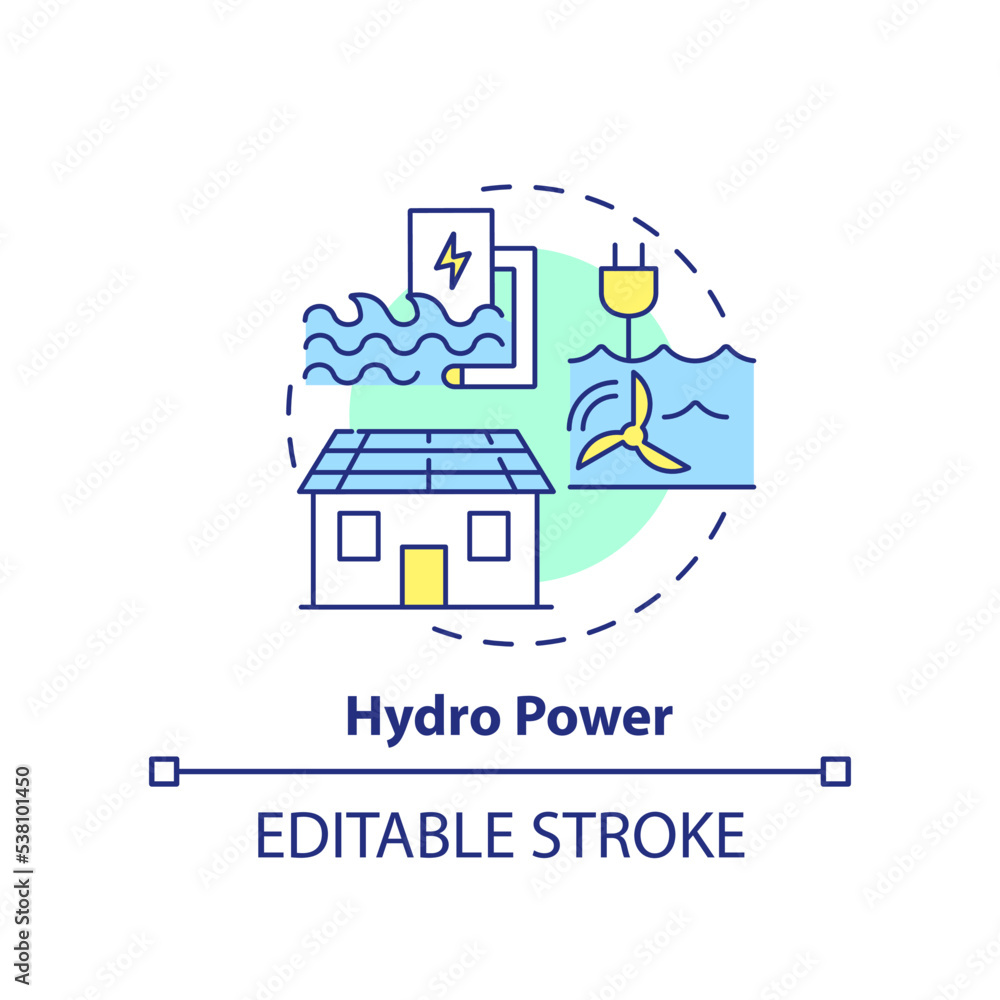 Hydro power concept icon. Alternative sources. Home with renewable energy abstract idea thin line illustration. Isolated outline drawing. Editable stroke. Arial, Myriad Pro-Bold fonts used Hydro power concept icon. Alternative sources. Home with renewable energy abstract idea thin line illustration. Isolated outline drawing. Editable stroke. Arial, Myriad Pro-Bold fonts used