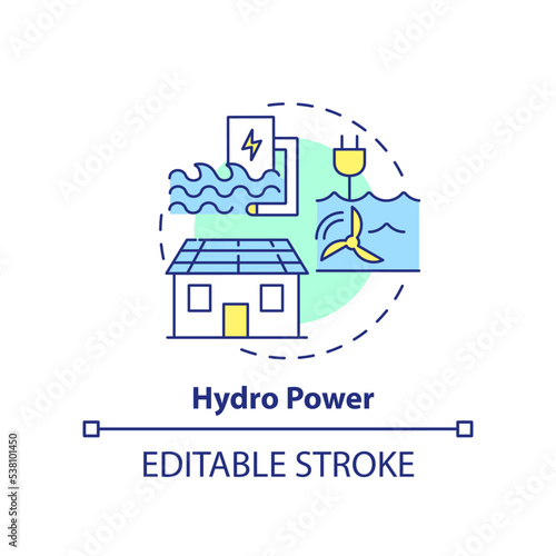 Hydro power concept icon. Alternative sources. Home with renewable energy abstract idea thin line illustration. Isolated outline drawing. Editable stroke. Arial, Myriad Pro-Bold fonts used © bsd studio