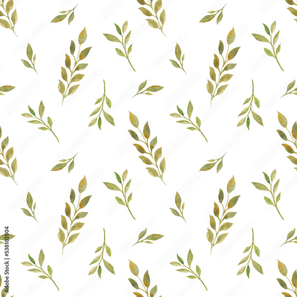 watercolor seamless pattern with dry brown green leaves. For printing on paper, packaging, textiles, banners, brochures. Template for design. Rustic, botanical style. Leaf fall, autumn and spring.